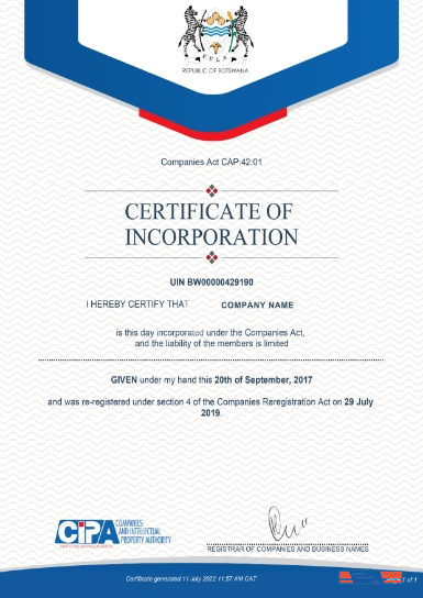 Botswana Certificate of Incorporation